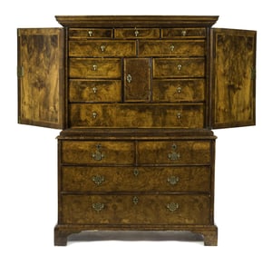 18TH C. GEORGIAN BURLWOOD VALUABLES CHEST ON CHEST.