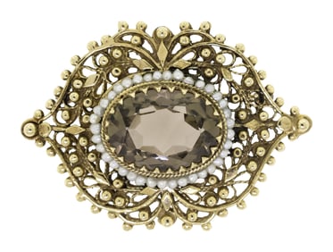 14K GOLD SMOKY QUARTZ & PEARL PIN/PENDANT.