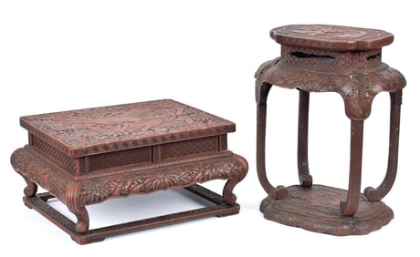 TWO ANTIQUE CHINESE RED LACQUER STANDS.