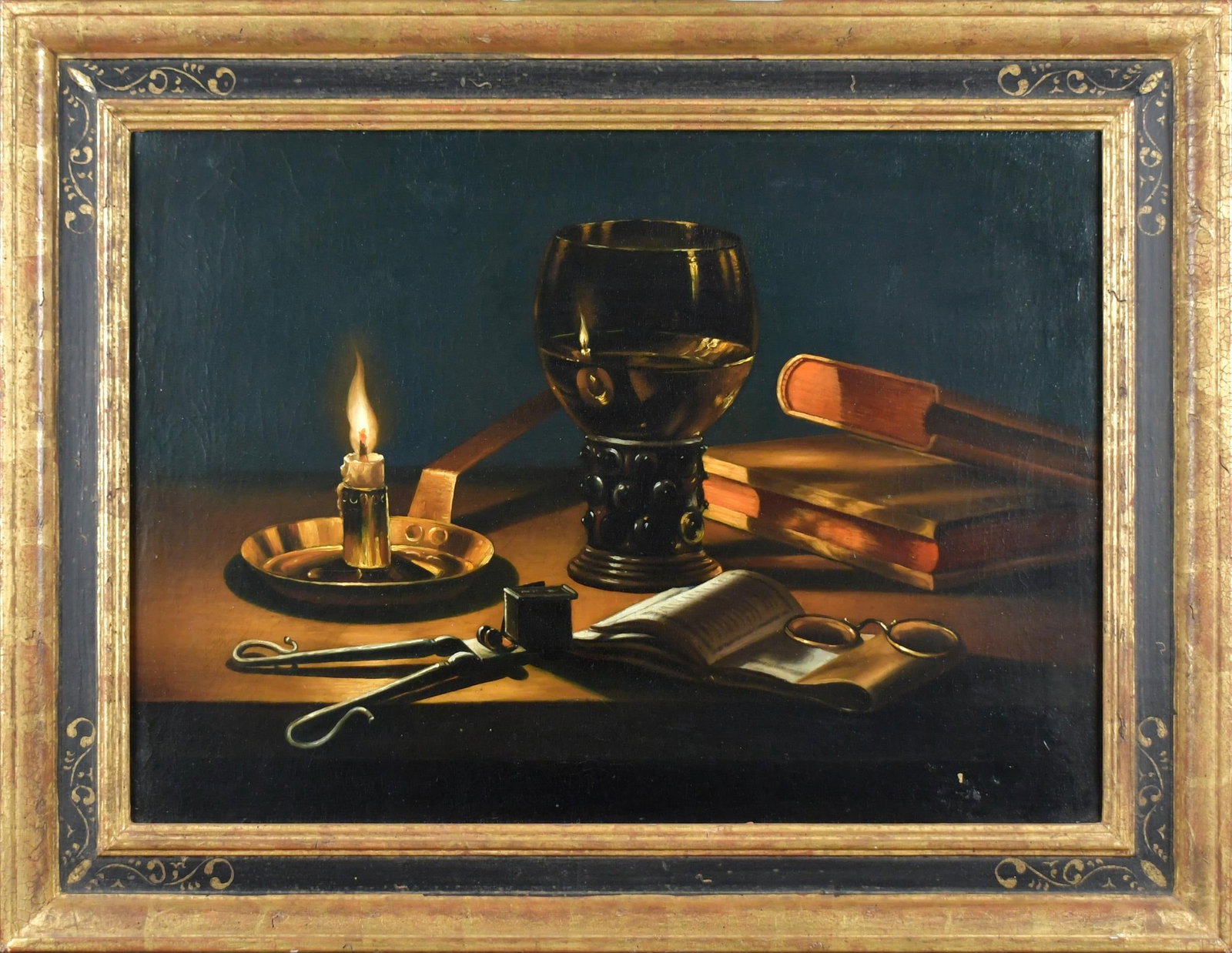 AFTER PIETER CLAESZ, OIL STILL LIFE.: An oil on canvas, attributed to Gotthardt De Wedig, still life by candle light, after Pieter Claesz, labeled on reverse with Trust for Museum Exhibitions for Washington DC. Canvas 20” x 27”