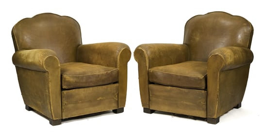 PR. FRENCH ART DECO LEATHER CLUB CHAIRS.