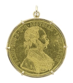 1915 AUSTRIA DUCAT GOLD COIN IN 14K GOLD PENDANT.
