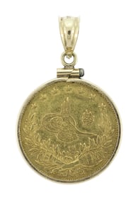 22K GOLD TURKISH LIRA COIN IN 14K GOLD PENDANT FRAME.