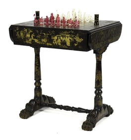 19TH C. CHINOISERIE LACQUERED REGENCY GAMES TABLE.