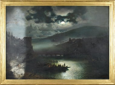 JOHANN JAKOB REINHARDT OIL, LAKESIDE AT FULL MOON.