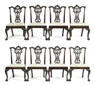FINE ANTIQUE CARVED CHIPPENDALE DINING CHAIRS, 8 PCS.