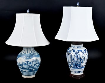 TWO ANTIQUE DELFT BLUE AND WHITE TABLE LAMPS.