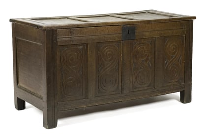 18TH C. CARVED PANELED OAK BOX.