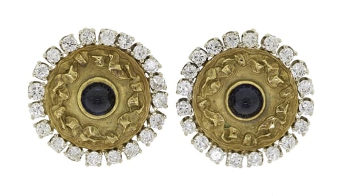 14K GOLD DIAMOND & SAPPHIRE CABOCHON DISC EARRINGS.