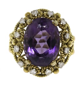 14K GOLD AMETHYST & DIAMOND RING.