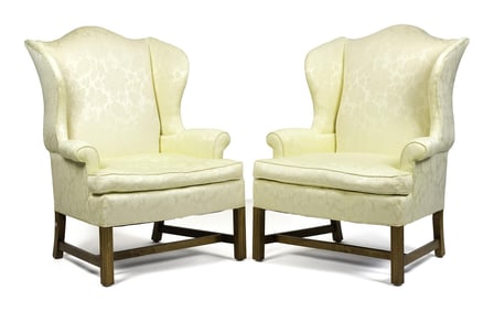 PR. CHIPPENDALE STYLE SILK DAMASK WING CHAIRS.