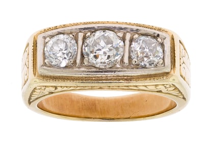 ANTIQUE MENS 14K GOLD THREE STONE DIAMOND RING.