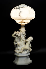 ANTIQUE CARVED ALABASTER LAMP WITH PEDESTAL.