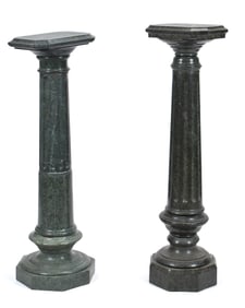 TWO VINTAGE CARVED GREEN MARBLE PEDESTALS.