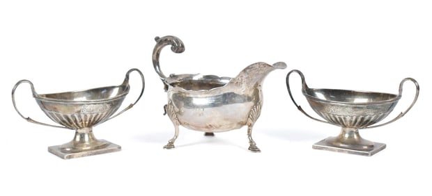 ANTIQUE ENGLISH SILVER GRAVY BOAT & MASTER SALTS.