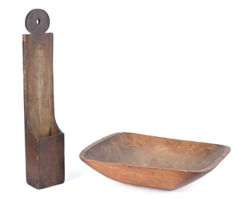 19TH C. WOODEN TRENCHER AND PIPE BOX.