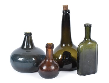 FOUR 17TH/18TH C. BLOWN BOTTLES.