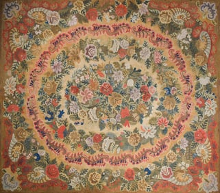 COLORFUL 19TH C. HOOKED ROOM SIZE RUG.