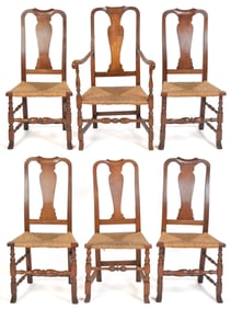 SIX 18TH-CENTURY QUEEN ANNE COUNTRY DINING CHAIRS.