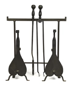ANTIQUE IRON ANDIRONS, CRANE & TOOLS.