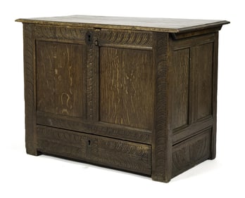18TH C. CARVED OAK PANELED CHEST.