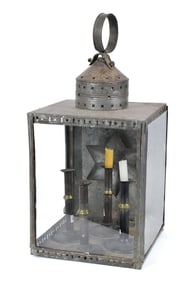 FOUR EARLY HOG SCRAPER CANDLESTICKS & TIN LANTERN.