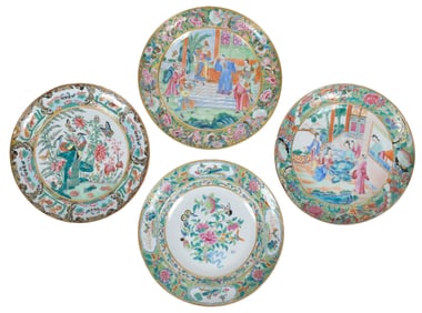 FOUR 19TH C. CHINESE ROSE MEDALLION PLATES.