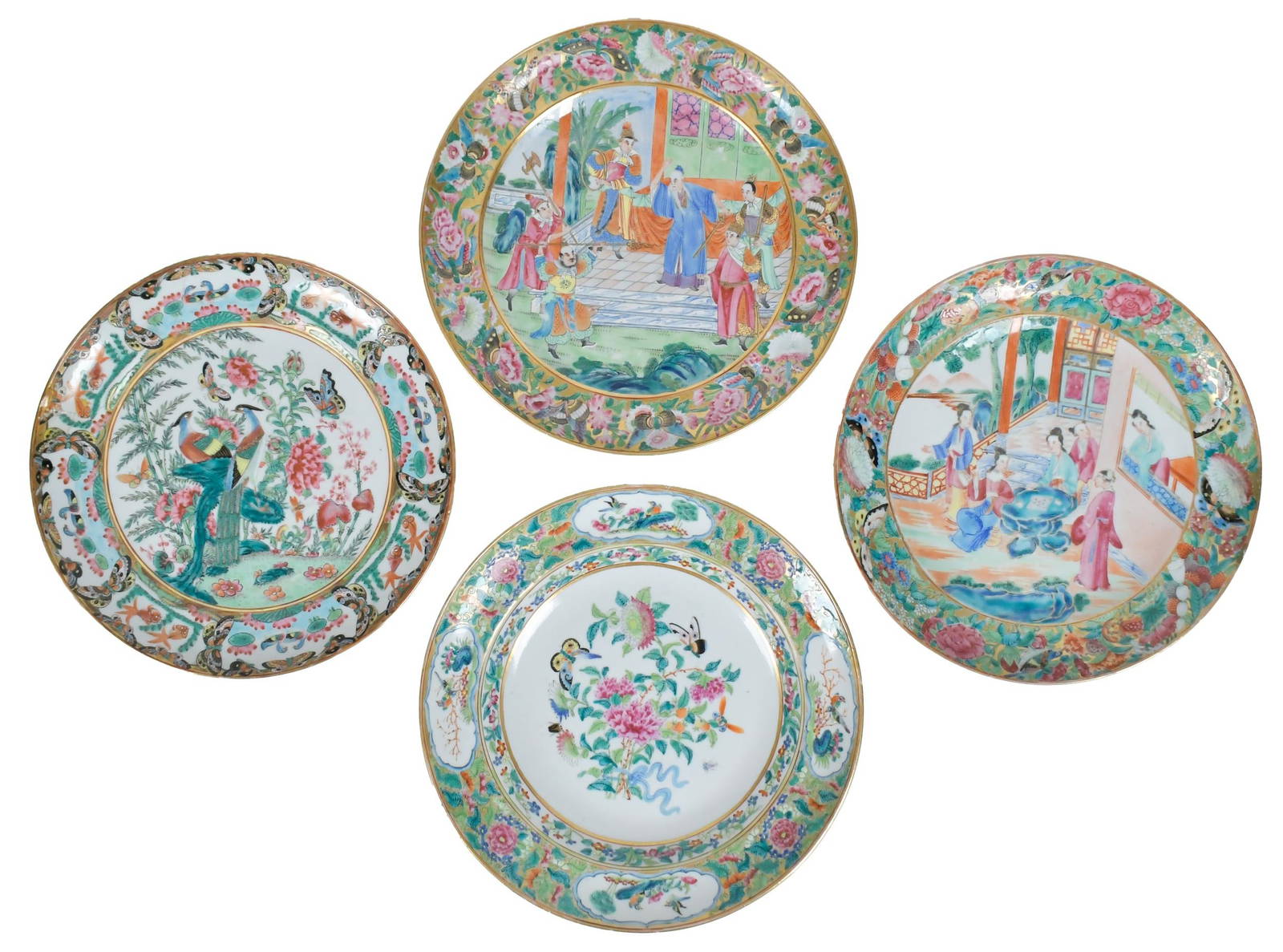 FOUR 19TH C. CHINESE ROSE MEDALLION PLATES.