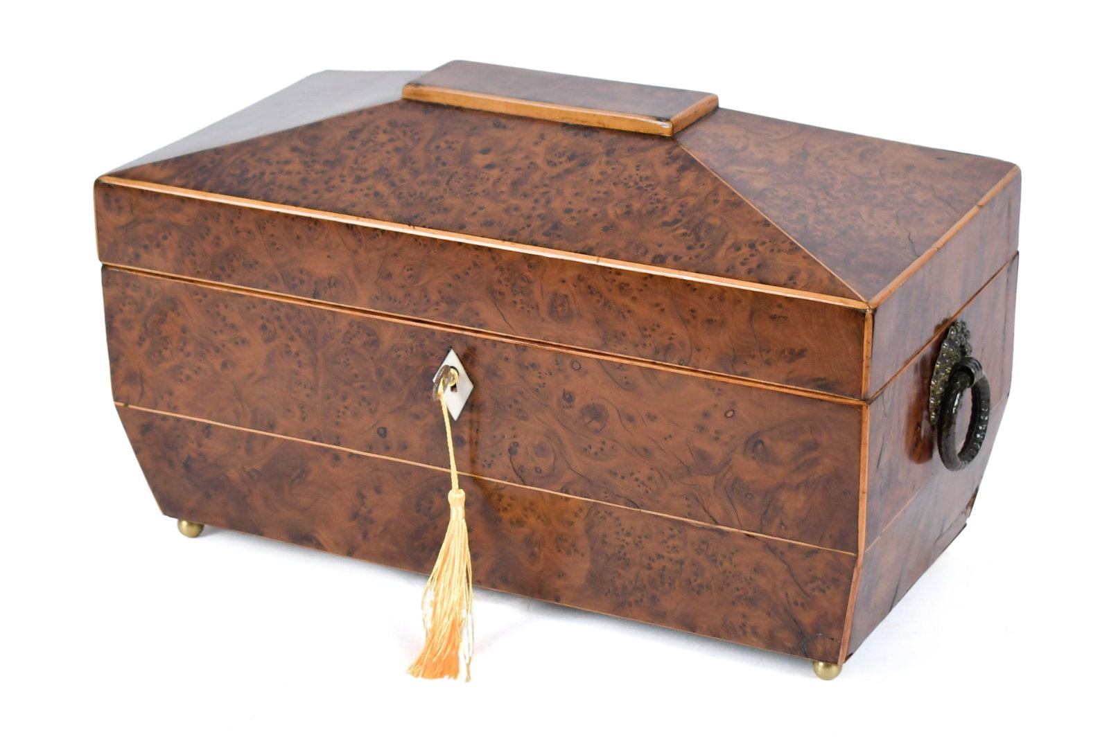 19TH C. BURL WOOD TEA CADDY. (1 of 13)