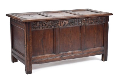 17TH C. JOINED/PANELED OAK STORAGE BOX.