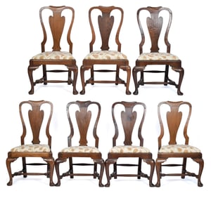 18TH C. ENGLISH QUEEN ANNE OAK DINING CHAIRS, 7PCS.