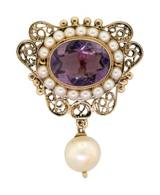 14K GOLD AMETHYST & PEARL SLIDE PENDANT/PIN.