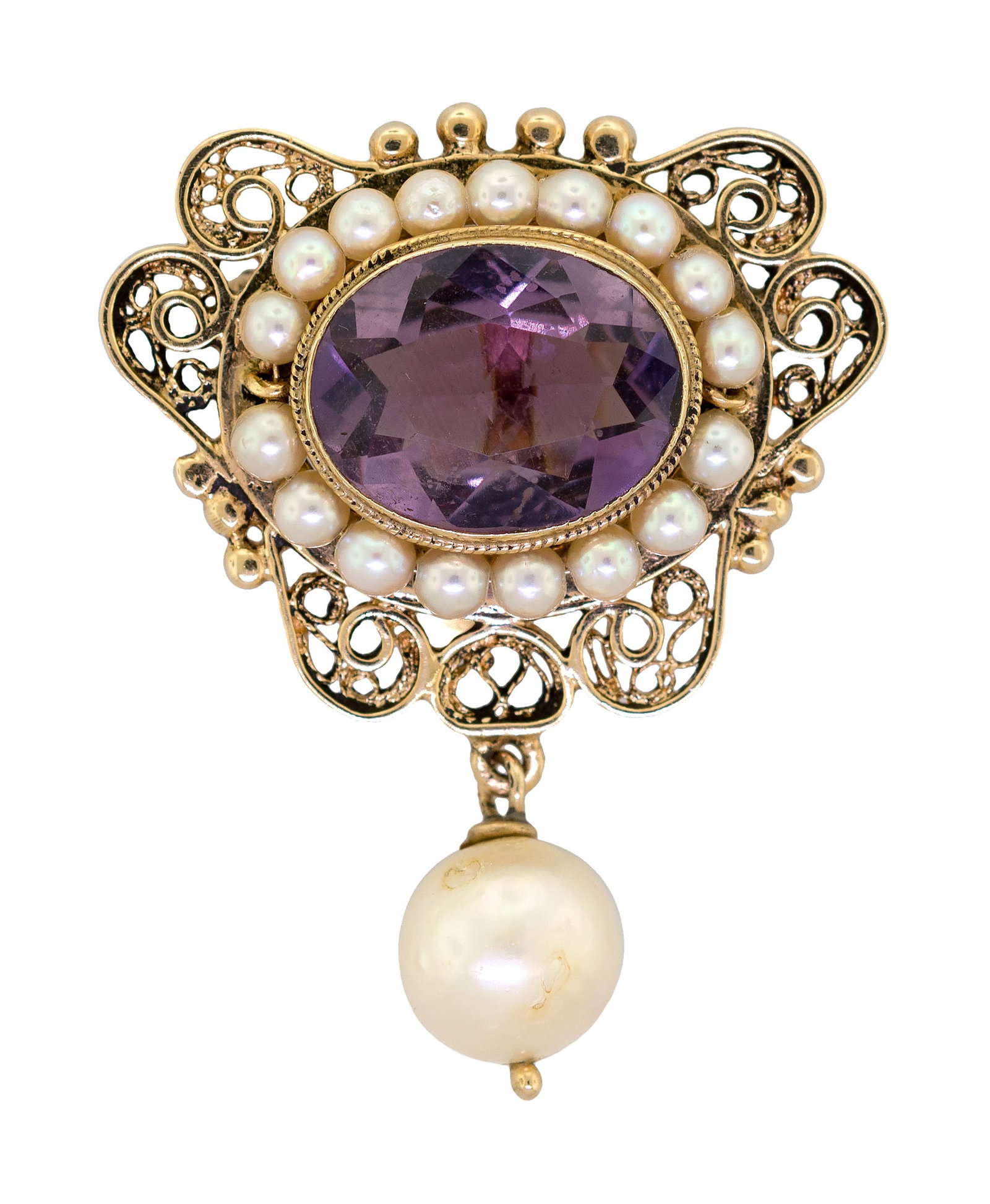 14K GOLD AMETHYST & PEARL SLIDE PENDANT/PIN. (1 of 9)