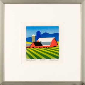 SABRA FIELD WOODBLOCK PRINT, DAIRY BARNS.