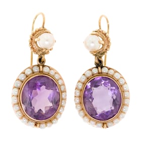 VINTAGE 14K GOLD AMETHYST & PEARL DANGLE EARRINGS.