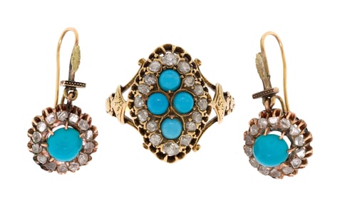 ANTIQUE GOLD DIAMOND & TURQUOISE EARRINGS & RING.