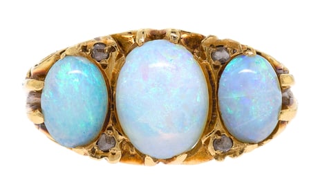 ANTIQUE 18K GOLD TRIPLE OPAL & DIAMOND RING.