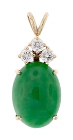 14K GOLD JADE CABOCHON & DIAMOND PENDANT.
