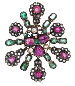 GILT RUBY, EMERALD & ROSE CUT DIAMOND BROOCH.