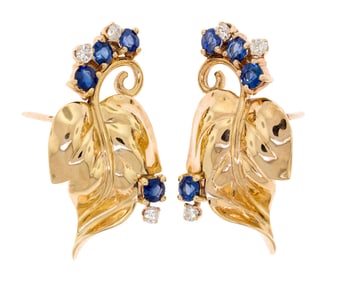 VINTAGE 14K GOLD DIAMOND & SAPPHIRE LEAF EARRINGS.