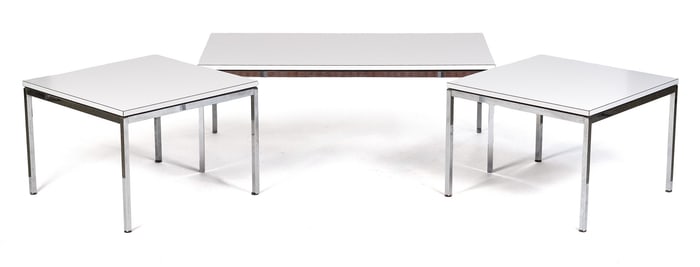 VINTAGE KNOLL COFFEE TABLE AND TWO END TABLES.
