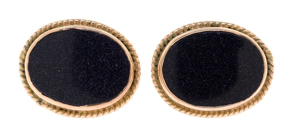 10-14K GOLD SYNTHETIC BLUE SUNSTONE CUFFLINKS.