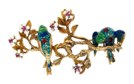 ITALIAN 18K GOLD ENAMEL PARROT & FLOWER PIN.
