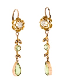 ANTIQUE 12K GOLD MINE CUT DIAM. & PERIDOT EARRINGS.