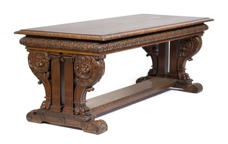 ANTIQUE RENAISSANCE REVIVAL CARVED LIBRARY TABLE.