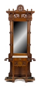 19TH C. VICTORIAN WALNUT HALL TREE WITH MIRROR.