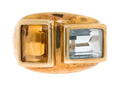 14K GOLD EMERALD CUT BLUE TOPAZ & CITRINE RING.