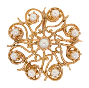 VINTAGE 14K GOLD CIRCLE PIN/PENDANT W/PEARLS.