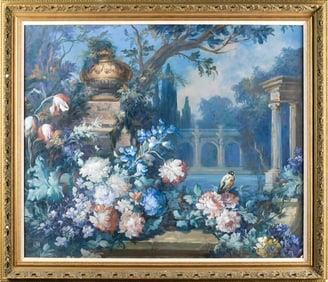 19TH C. ITALIAN OIL, GRECIAN TEMPLE WITH FLOWERS.