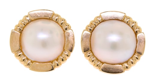 14K GOLD MABE PEARL CLIP EARRINGS.